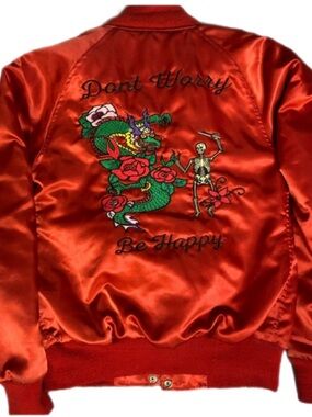 Vintage Valfre Y2K Red Satin Bomber Jacket Sz Small Dragon Skull Embroidered